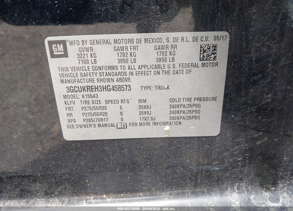 2017 CHEVROLET SILVERADO 1500 VIN: 3GCUKREH3HG458573