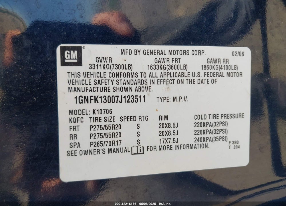 2007 CHEVROLET TAHOE VIN: 1GNFK13007J123511