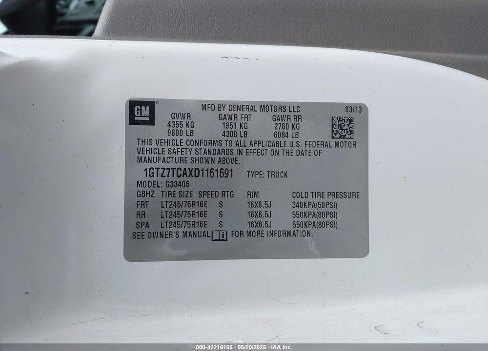 2013 GMC SAVANA 3500 WORK VAN VIN: 1GTZ7TCAXD1161691