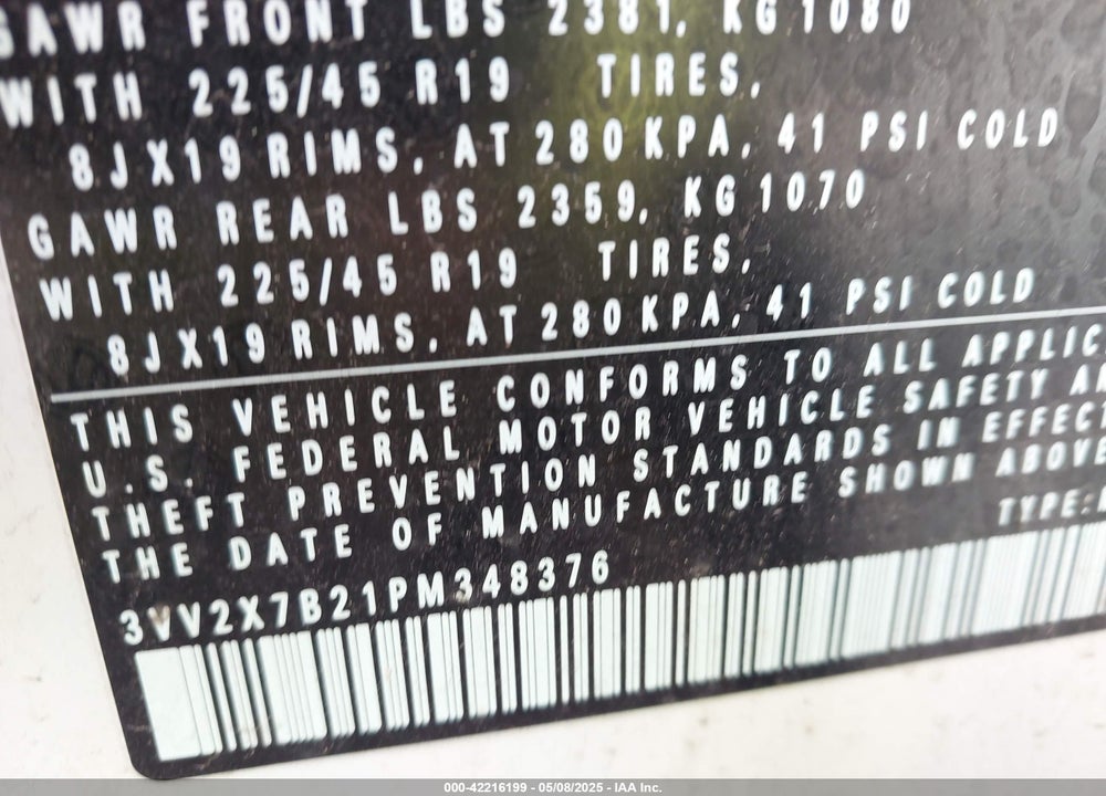 2023 VOLKSWAGEN TAOS VIN: 3VV2X7B21PM348376