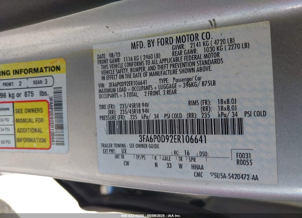 2014 FORD FUSION TITANIUM VIN: 3FA6P0D92ER106641