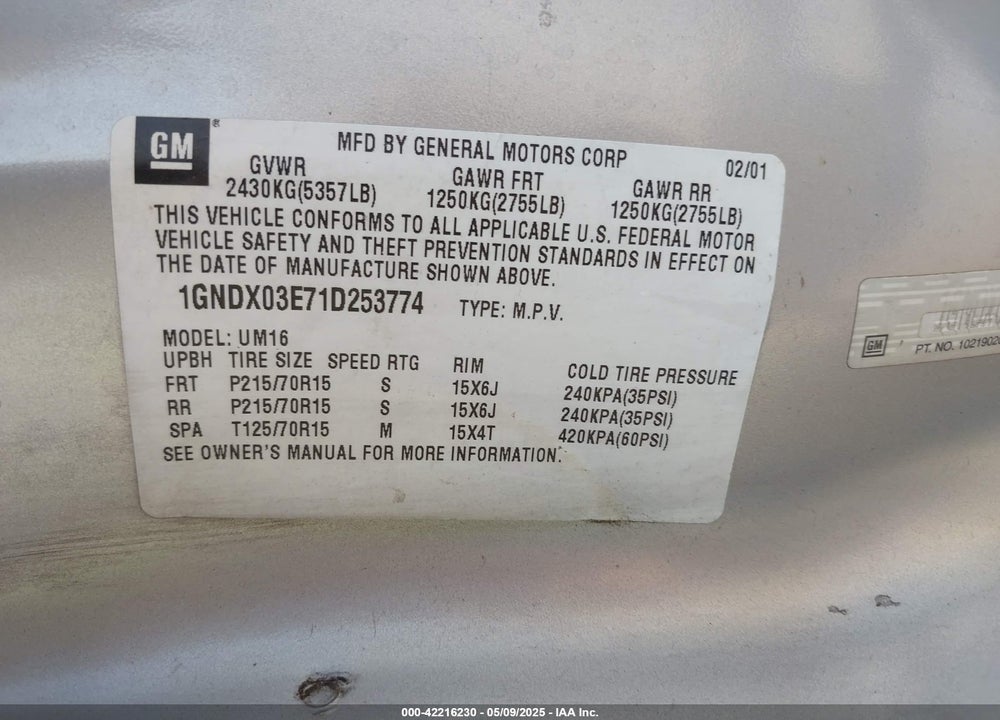 2001 CHEVROLET VENTURE LS VIN: 1GNDX03E71D253774