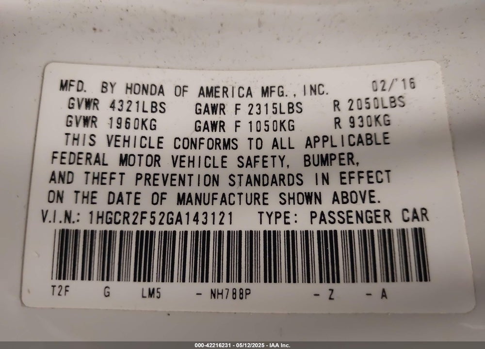 2016 HONDA ACCORD SPORT VIN: 1HGCR2F52GA143121
