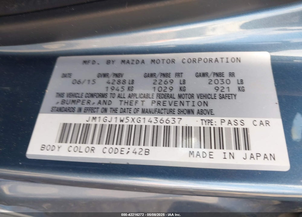 2016 MAZDA MAZDA6 VIN: JM1GJ1W5XG1436637