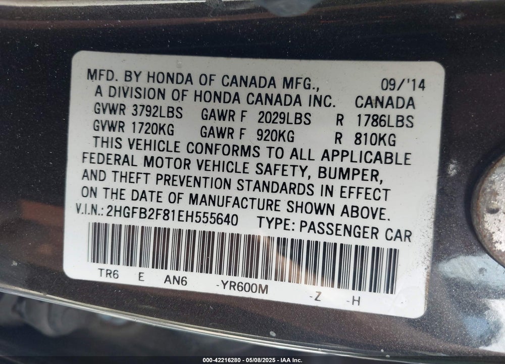 2014 HONDA CIVIC VIN: 2HGFB2F81EH555640