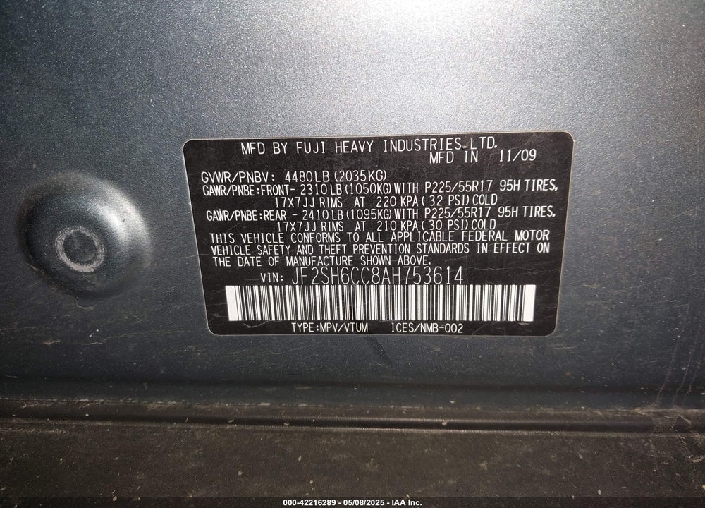 2010 SUBARU FORESTER VIN: JF2SH6CC8AH753614