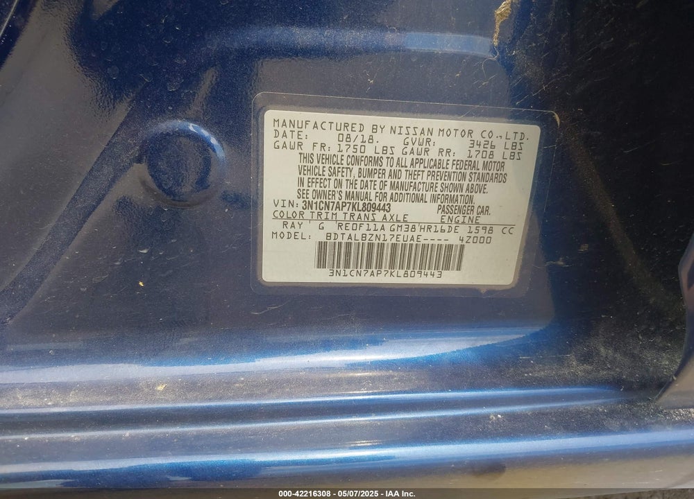 2019 NISSAN VERSA 1.6 SV VIN: 3N1CN7AP7KL809443