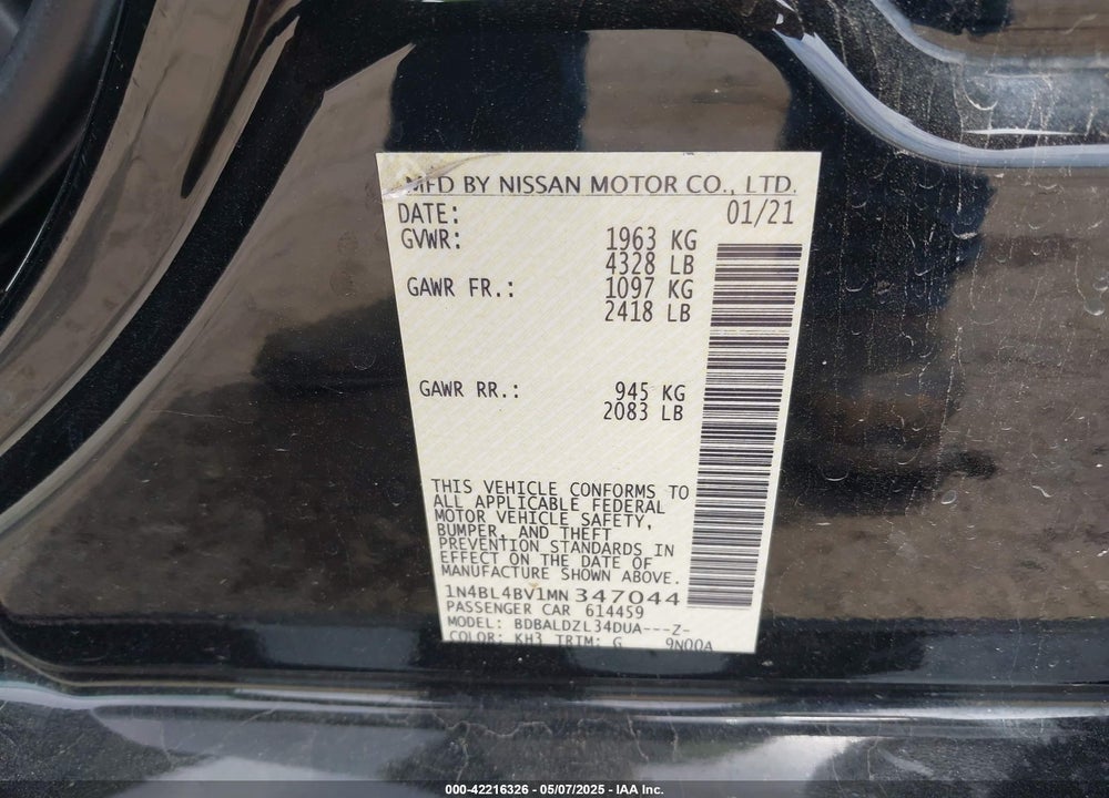 2021 NISSAN ALTIMA S FWD VIN: 1N4BL4BV1MN347044