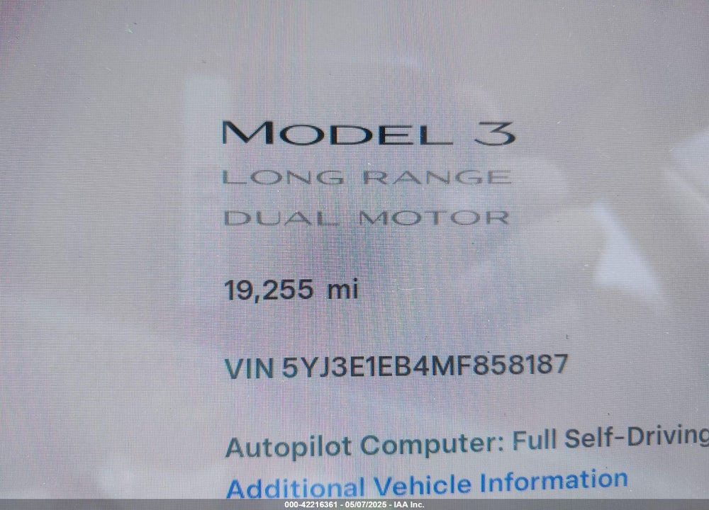 2021 TESLA MODEL 3 VIN: 5YJ3E1EB4MF858187