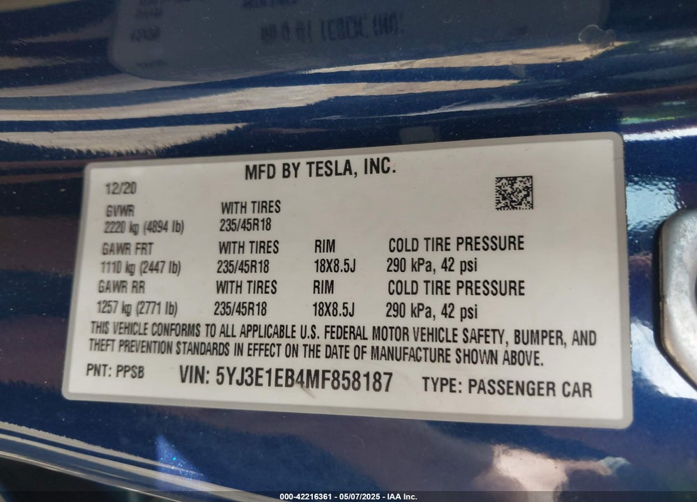 2021 TESLA MODEL 3 VIN: 5YJ3E1EB4MF858187
