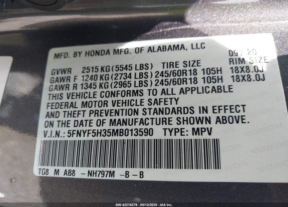 2021 HONDA PILOT 2WD EX VIN: 5FNYF5H35MB013590
