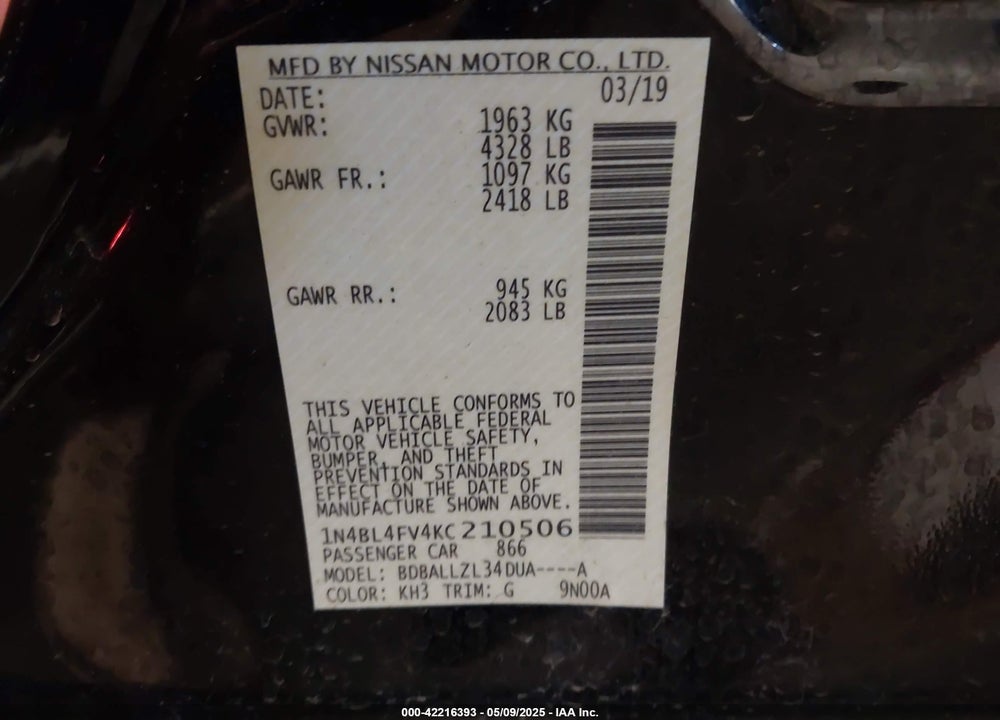 2019 NISSAN ALTIMA VIN: 1N4BL4FV4KC210506