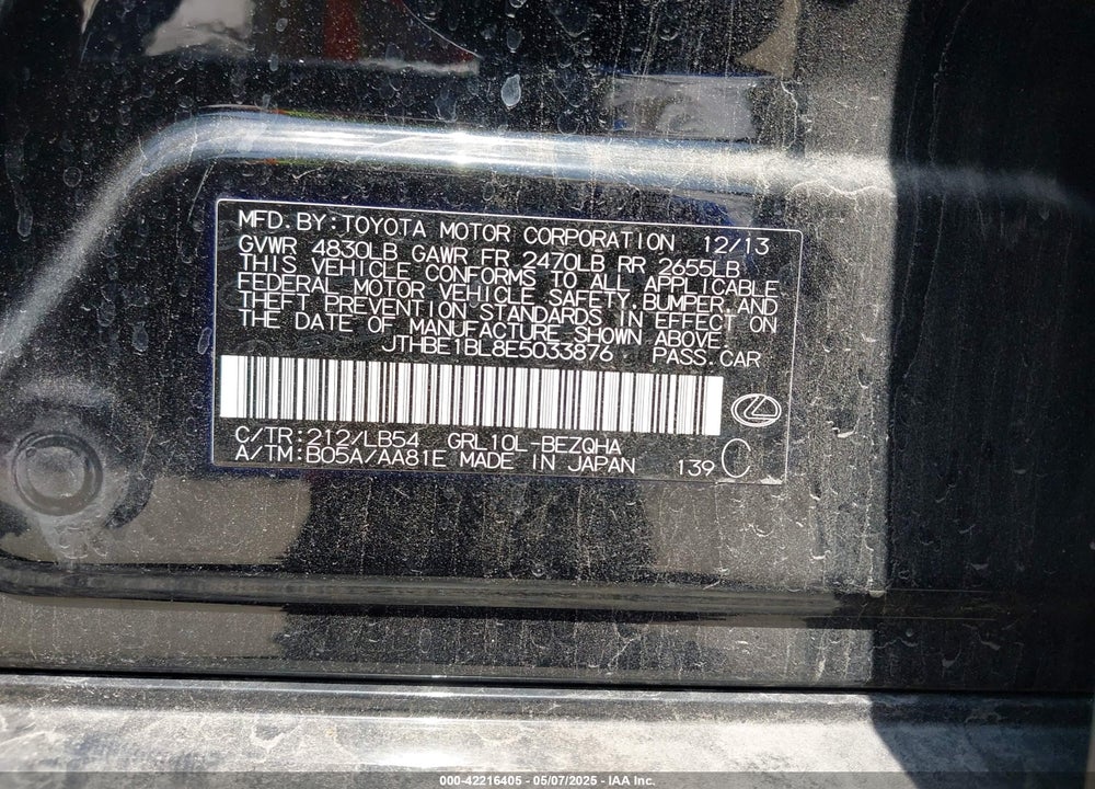 2014 LEXUS GS350 VIN: JTHBE1BL8E5033876