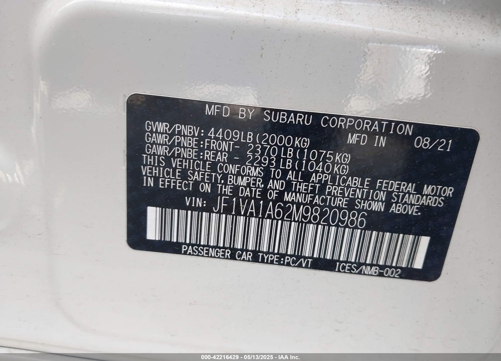2021 SUBARU WRX VIN: JF1VA1A62M9820986
