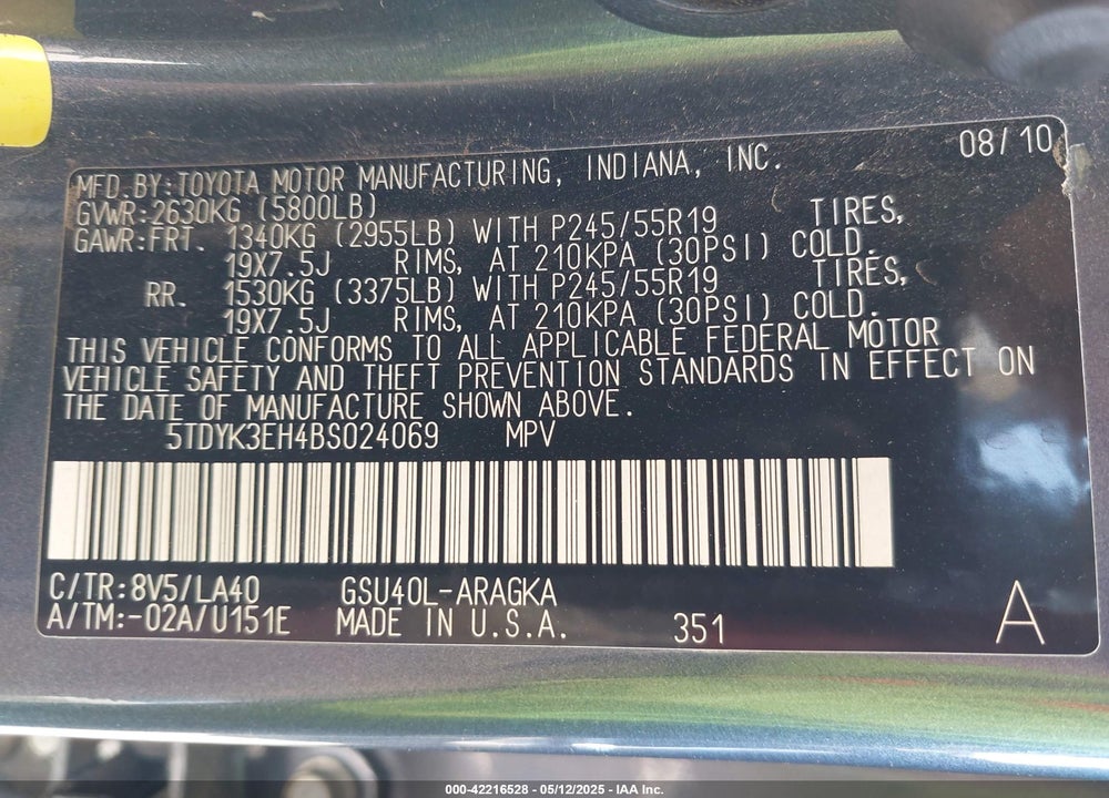 2011 TOYOTA HIGHLANDER LIMITED V6 VIN: 5TDYK3EH4BS024069