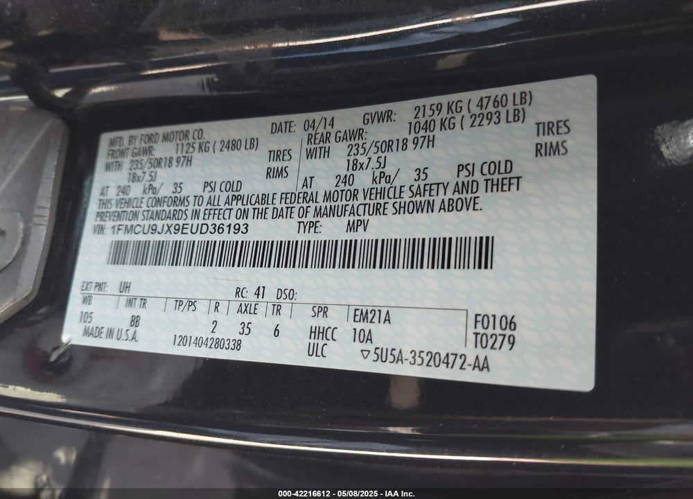 2014 FORD ESCAPE TITANIUM VIN: 1FMCU9JX9EUD36193
