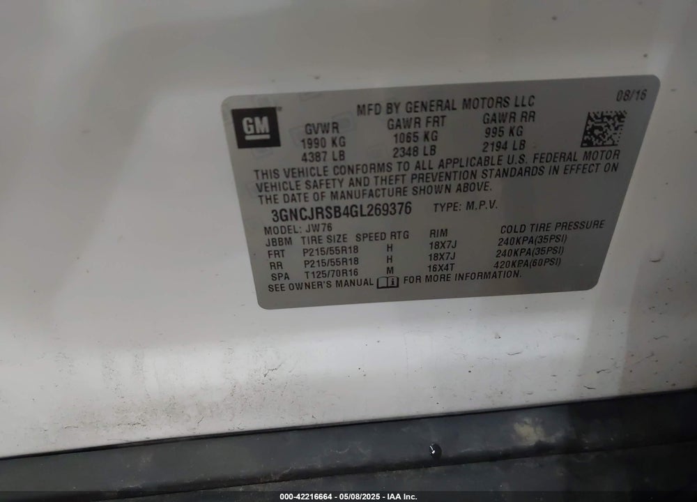 2016 CHEVROLET TRAX VIN: 3GNCJRSB4GL269376