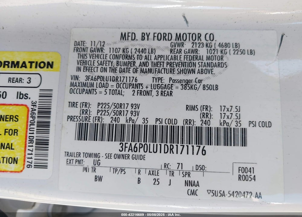 2013 FORD FUSION VIN: 3FA6P0LU1DR171176
