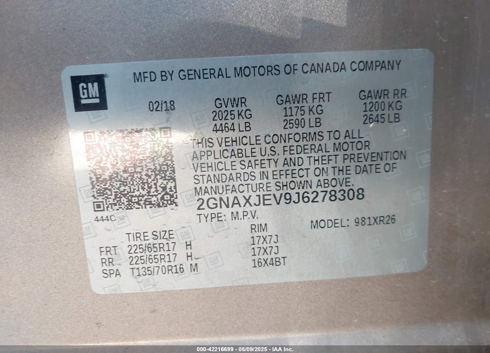2018 CHEVROLET EQUINOX LT VIN: 2GNAXJEV9J6278308
