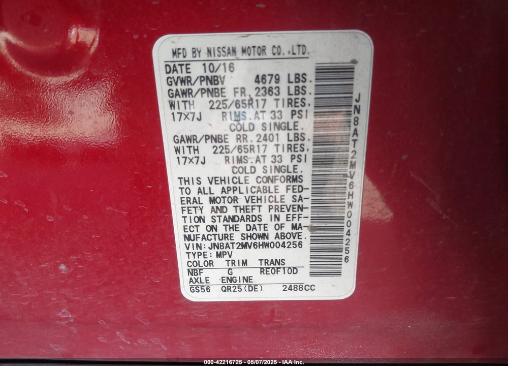 2017 NISSAN ROGUE VIN: JN8AT2MV6HW004256