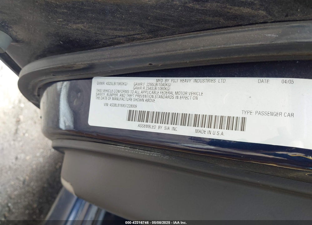 2005 SUBARU LEGACY 2.5I VIN: 4S3BL616X57228009