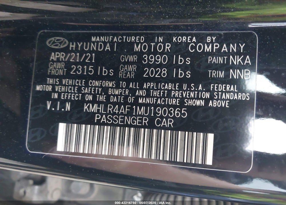 2021 HYUNDAI ELANTRA VIN: KMHLR4AF1MU190365