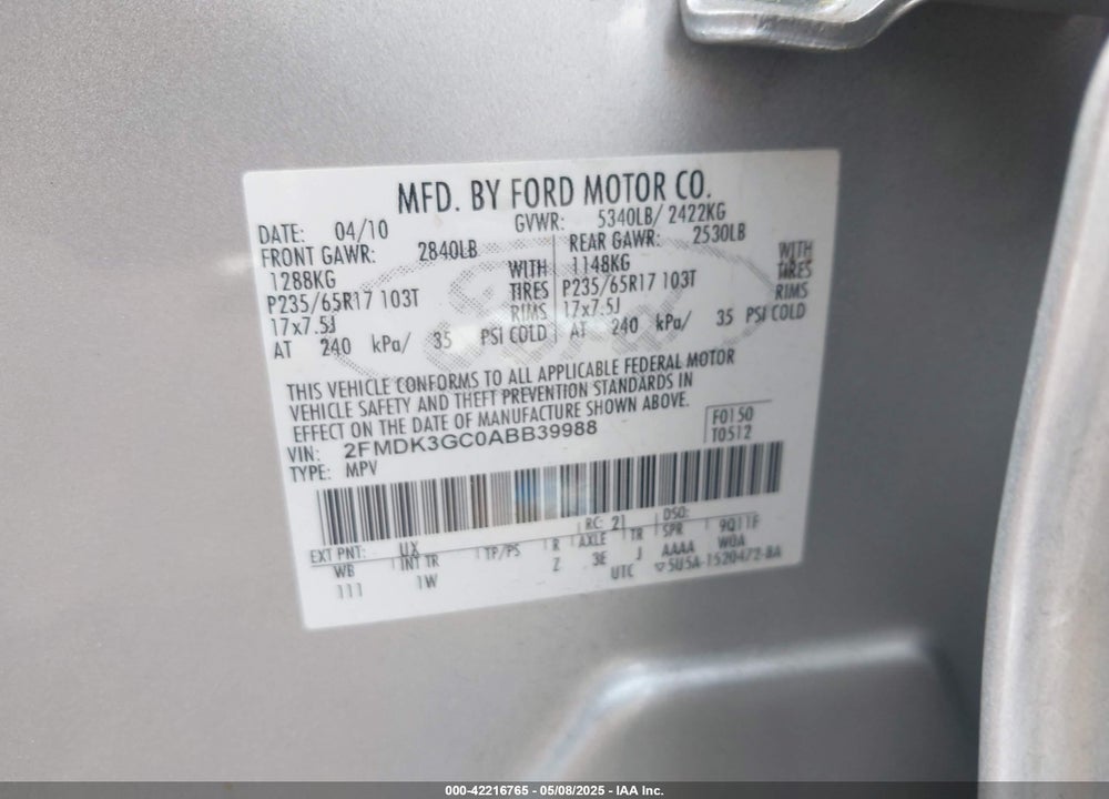 2010 FORD EDGE SE VIN: 2FMDK3GC0ABB39988