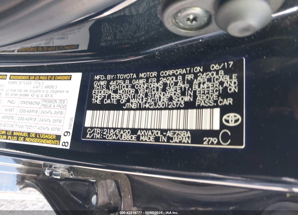 2018 TOYOTA CAMRY VIN: JTNB11HK2J3012373