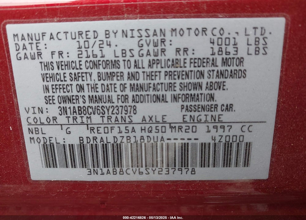 2025 NISSAN SENTRA VIN: 3N1AB8CV6SY237978