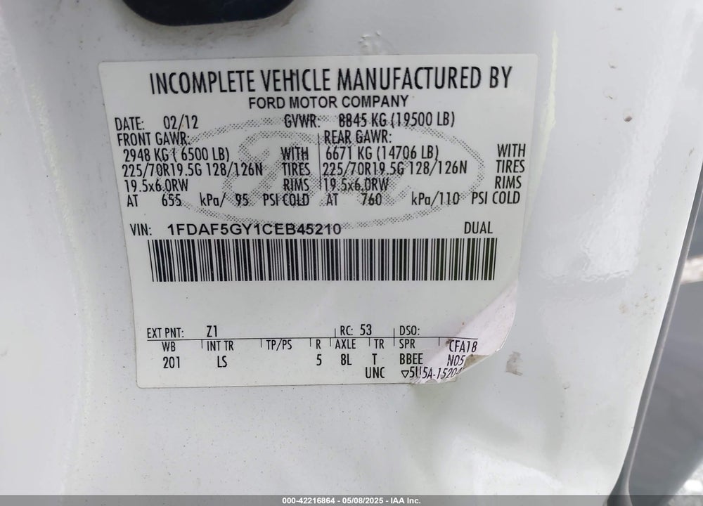 2012 EL DORADO F-550 CHASSIS VIN: 1FDAF5GY1CEB45210