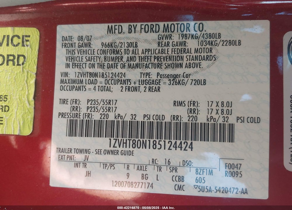 2008 FORD MUSTANG V6 DELUXE/V6 PREMIUM VIN: 1ZVHT80N185124424