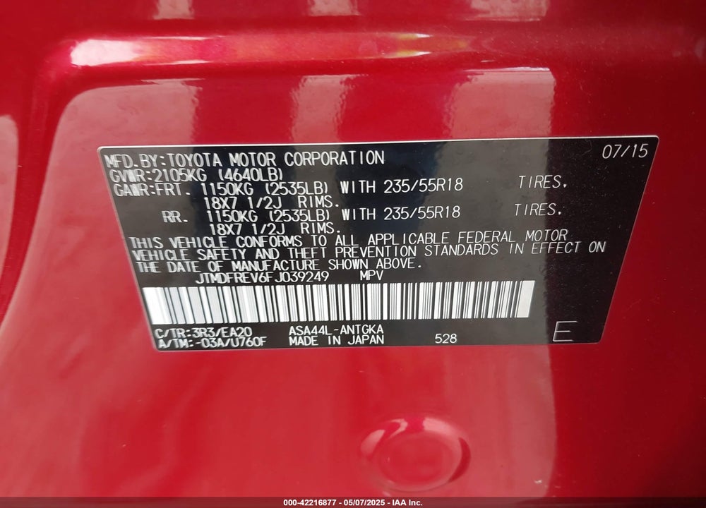 2015 TOYOTA RAV4 VIN: JTMDFREV6FJ039249