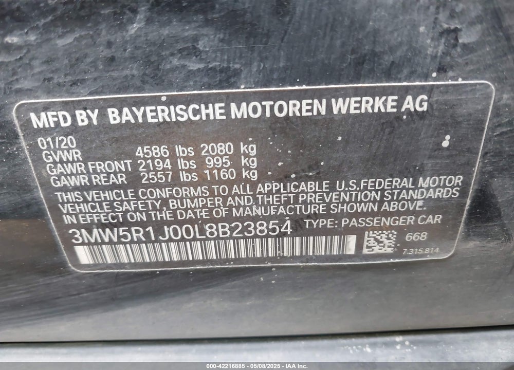 2020 BMW 330I VIN: 3MW5R1J00L8B23854