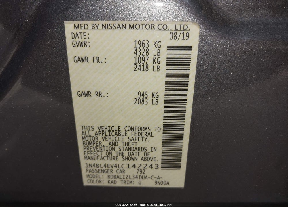 2020 NISSAN ALTIMA VIN: 1N4BL4EV4LC142243