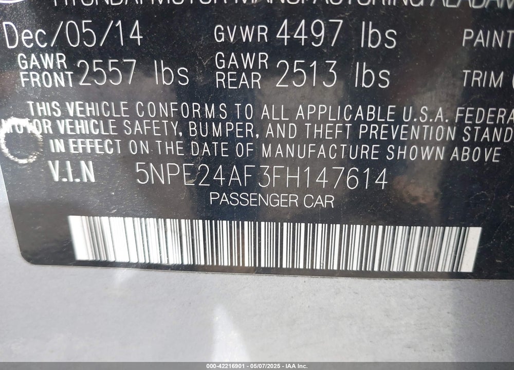 2015 HYUNDAI SONATA VIN: 5NPE24AF3FH147614
