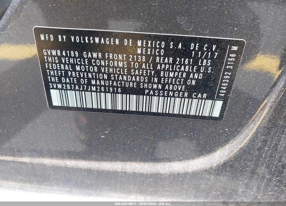 2018 VOLKSWAGEN JETTA 1.4T S VIN: 3VW2B7AJ7JM261916