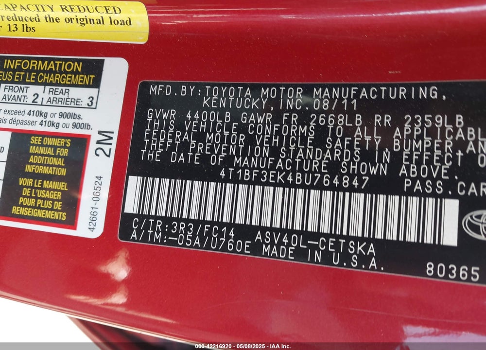 2011 TOYOTA CAMRY VIN: 4T1BF3EK4BU764847