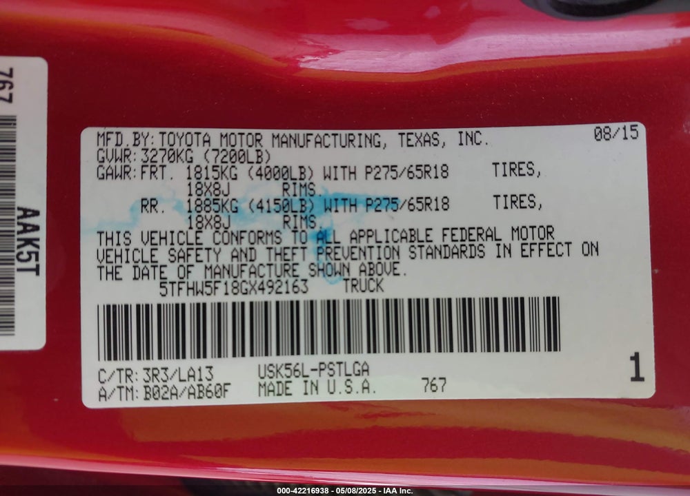 2016 TOYOTA TUNDRA VIN: 5TFHW5F18GX492163