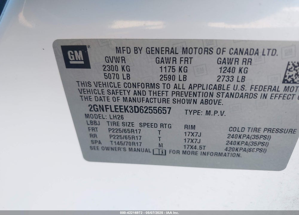 2013 CHEVROLET EQUINOX 1LT VIN: 2GNFLEEK3D6255657