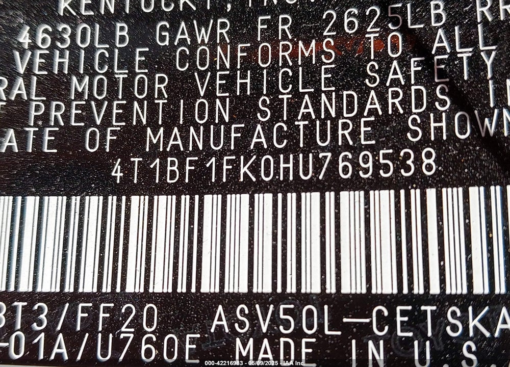 2017 TOYOTA CAMRY SE VIN: 4T1BF1FK0HU769538