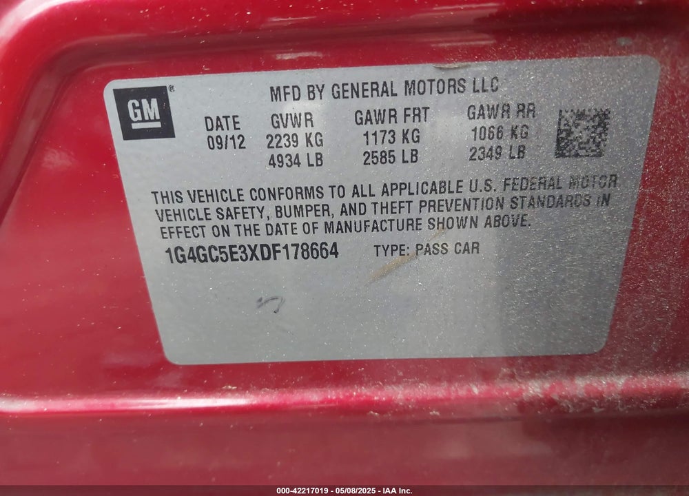 2013 BUICK LACROSSE VIN: 1G4GC5E3XDF178664