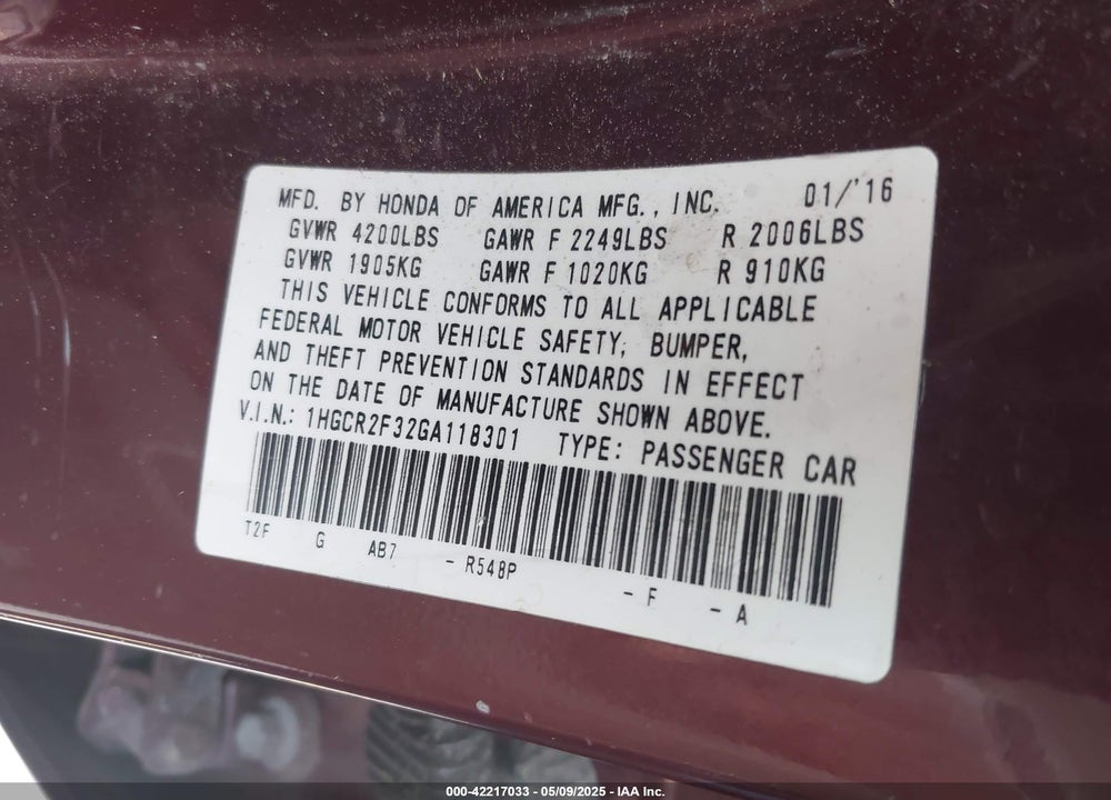 2016 HONDA ACCORD VIN: 1HGCR2F32GA118301