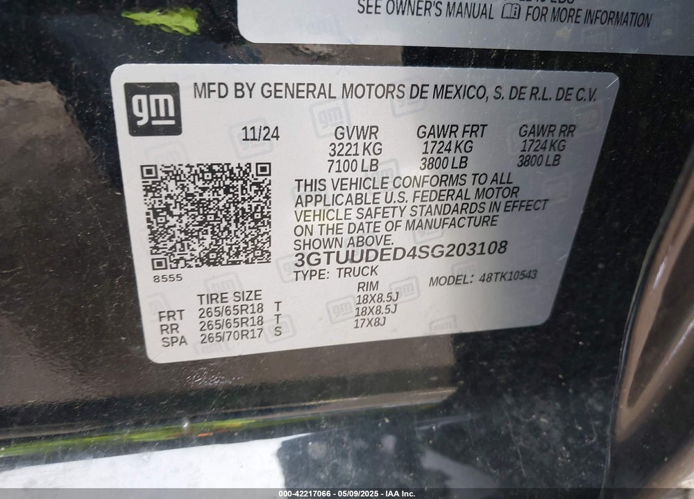 2025 GMC SIERRA 1500 VIN: 3GTUUDED4SG203108