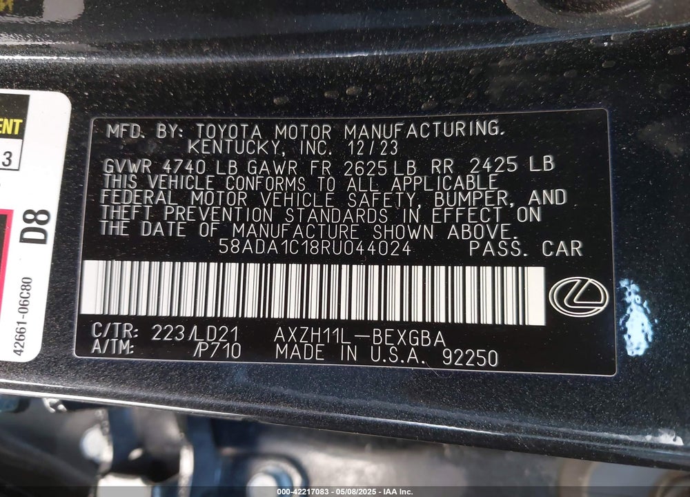 2024 LEXUS ES 300H VIN: 58ADA1C18RU044024