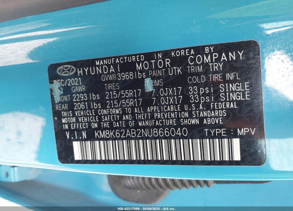 2022 HYUNDAI KONA VIN: KM8K62AB2NU866040