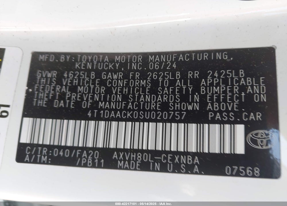 2025 TOYOTA CAMRY VIN: 4T1DAACK0SU020757