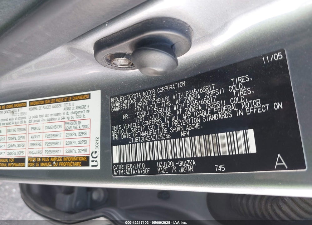 2006 LEXUS GX 470 VIN: JTJBT20X260105346