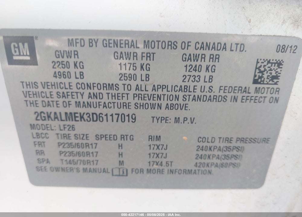 2013 GMC TERRAIN VIN: 2GKALMEK3D6117019