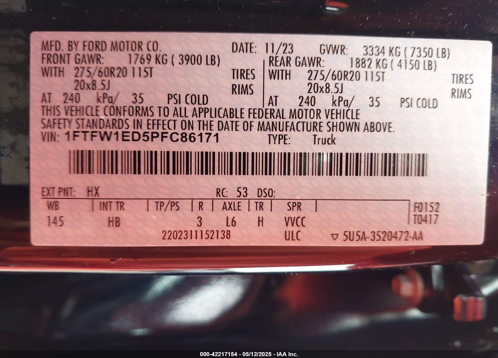 2023 FORD F-150 LARIAT VIN: 1FTFW1ED5PFC86171