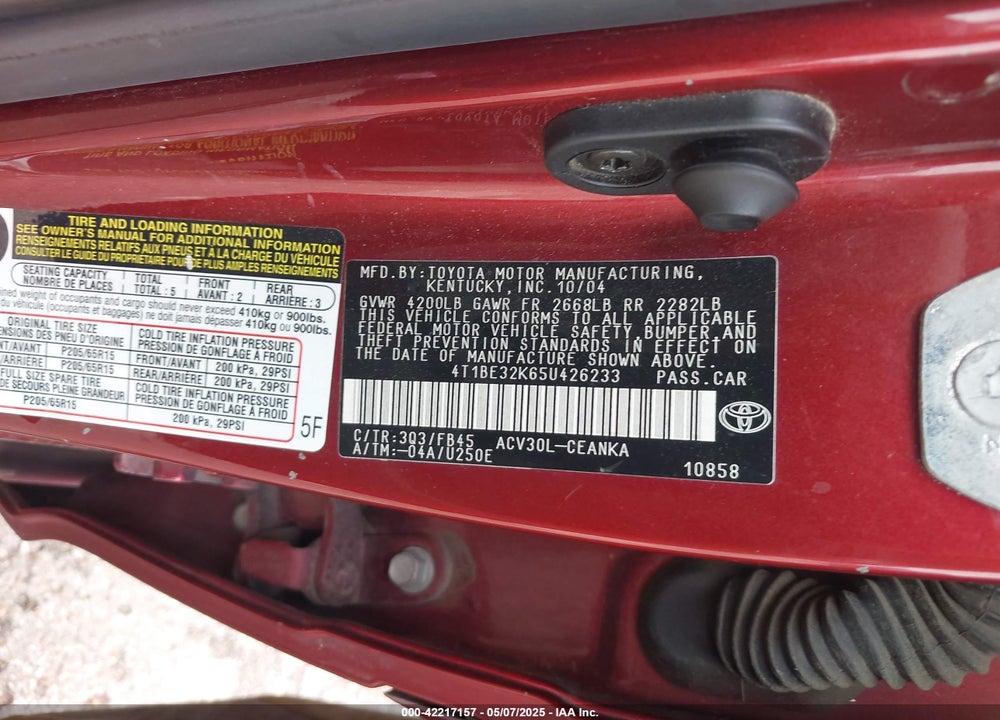 2005 TOYOTA CAMRY LE VIN: 4T1BE32K65U426233